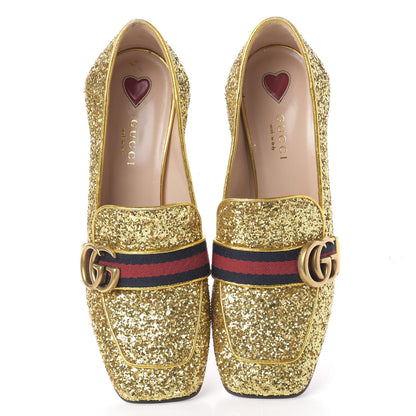 Gucci Glitter Nappa Web Peyton 75mm Loafer Pumps 37 Oro Vecchio 5 of 15