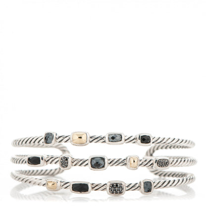 David Yurman Sterling Silver 18K Yellow Gold Black Diamond Hematite Black Onyx Three Row Confetti Cuff Bracelet 1 of 5