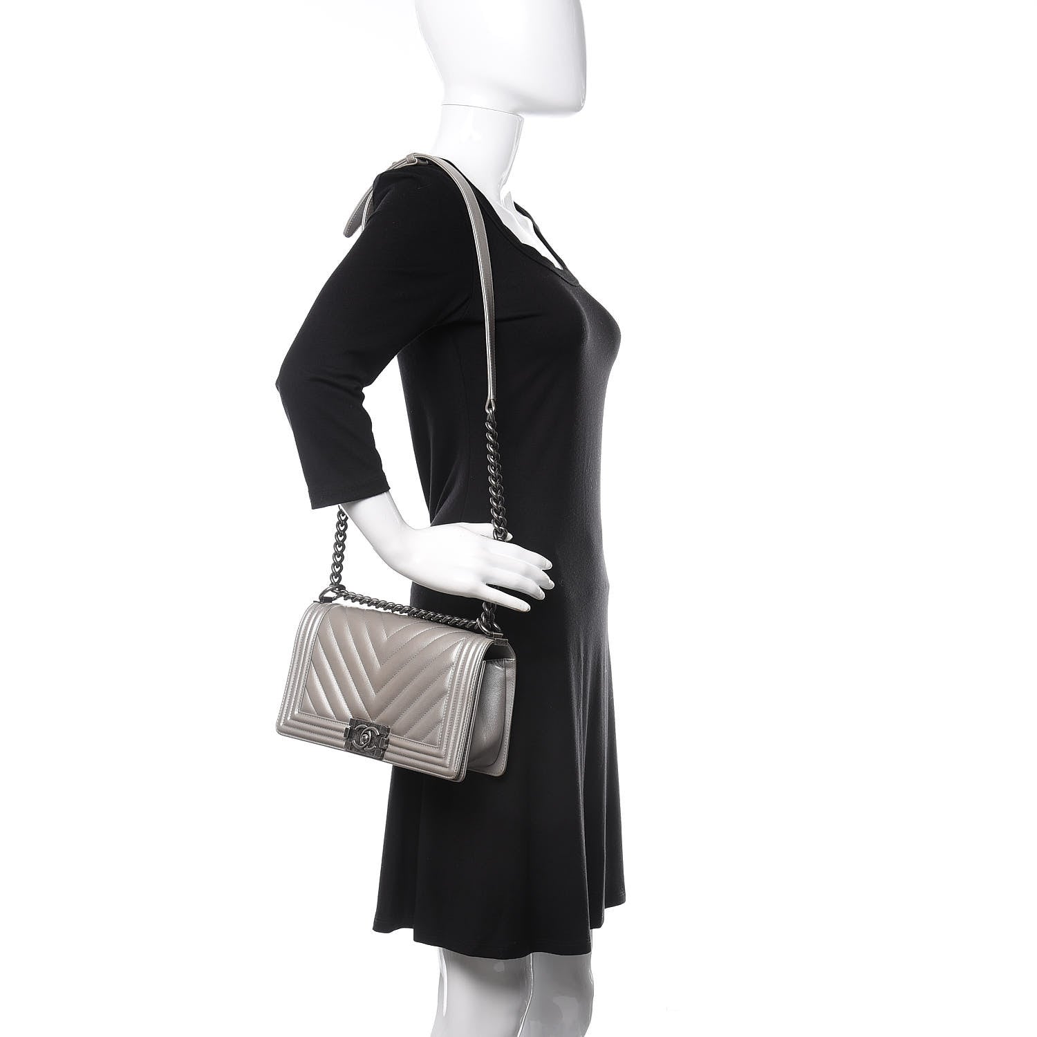 Chanel Metallic Caviar Chevron Quilted Medium Boy Flap Silver 2 of 14