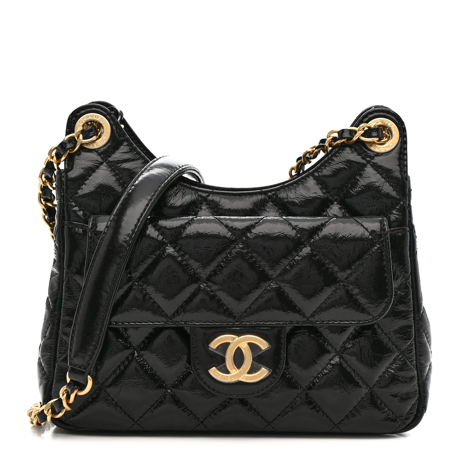 Chanel Shiny Crumpled Calfskin Quilted Small Wavy CC Hobo Black 1 of 11