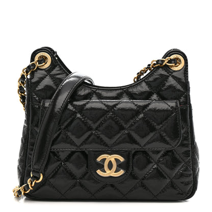 Chanel Shiny Crumpled Calfskin Quilted Small Wavy CC Hobo Black 1 of 11