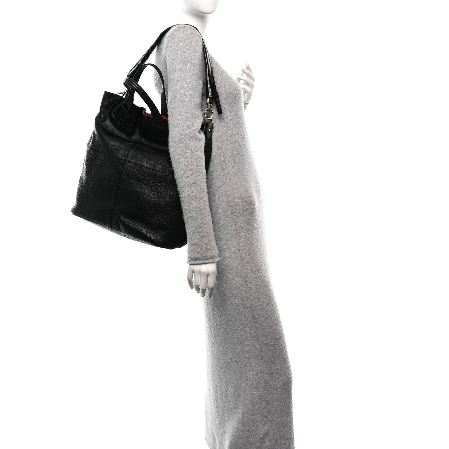 Calfskin Crocodile Embossed Nightingale North South Tote Black