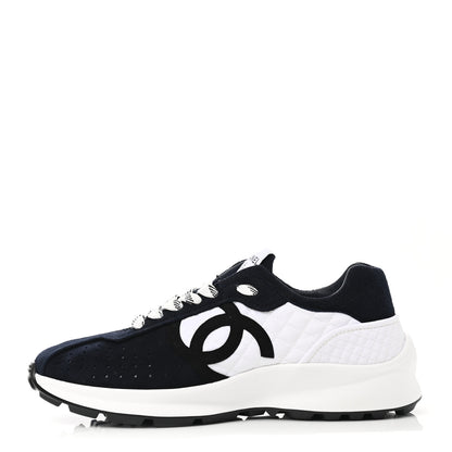Chanel Fabric Suede Kidskin CC Sneakers 39.5 Navy White 1 of 9