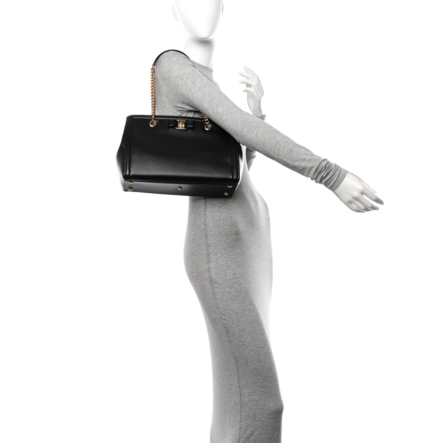 Salvatore Ferragamo Hammered Calfskin Vara Bow Chain Tote Black 2 of 9