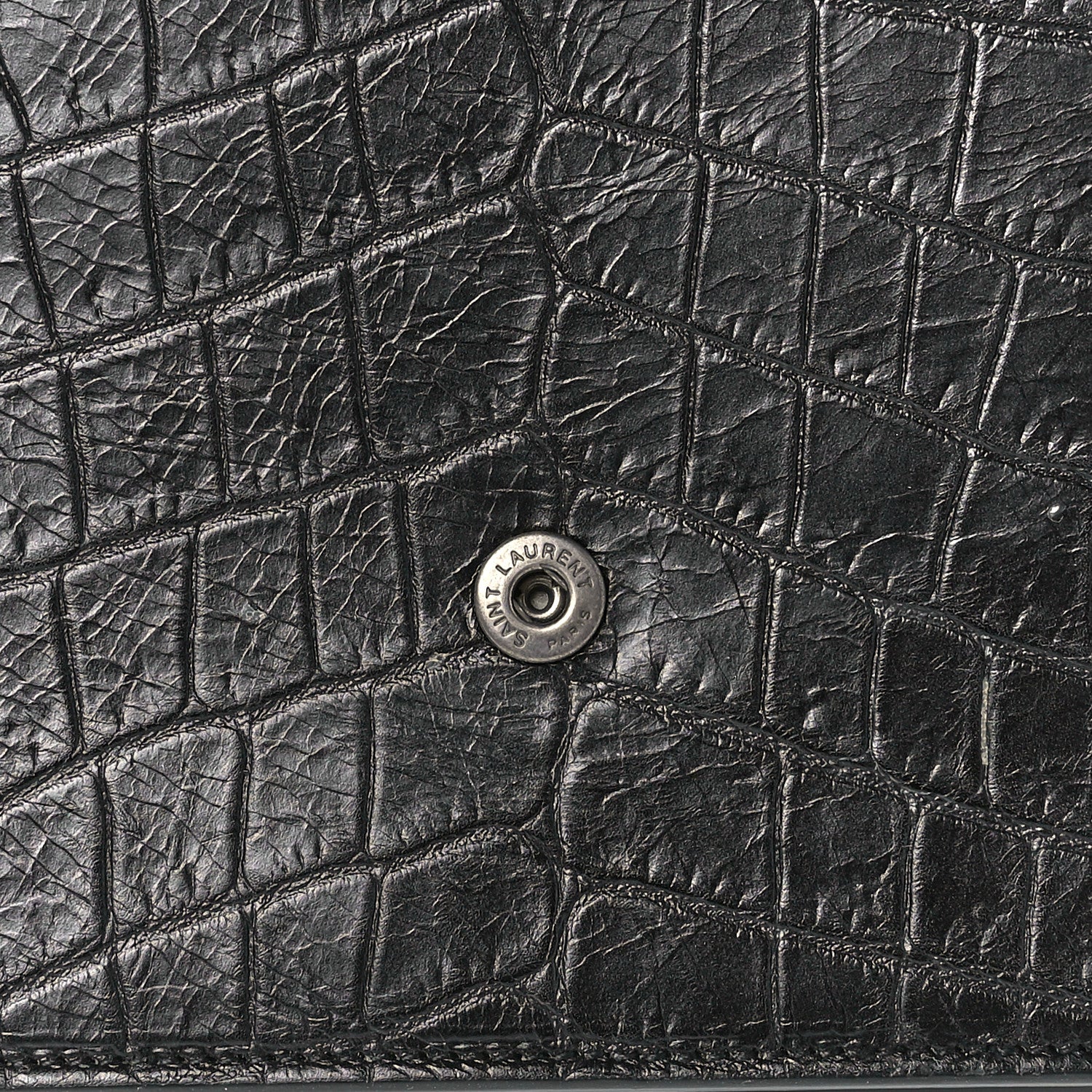 Saint Laurent Calfskin Crocodile Embossed Monogram Envelope Chain Wallet Black 11 of 12