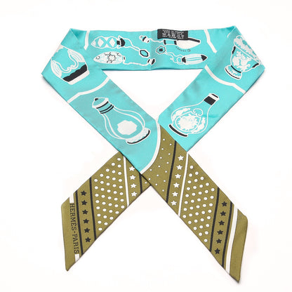 Hermes Silk Les Flacons Twilly Kaki Turquoise Blanc 1 of 6