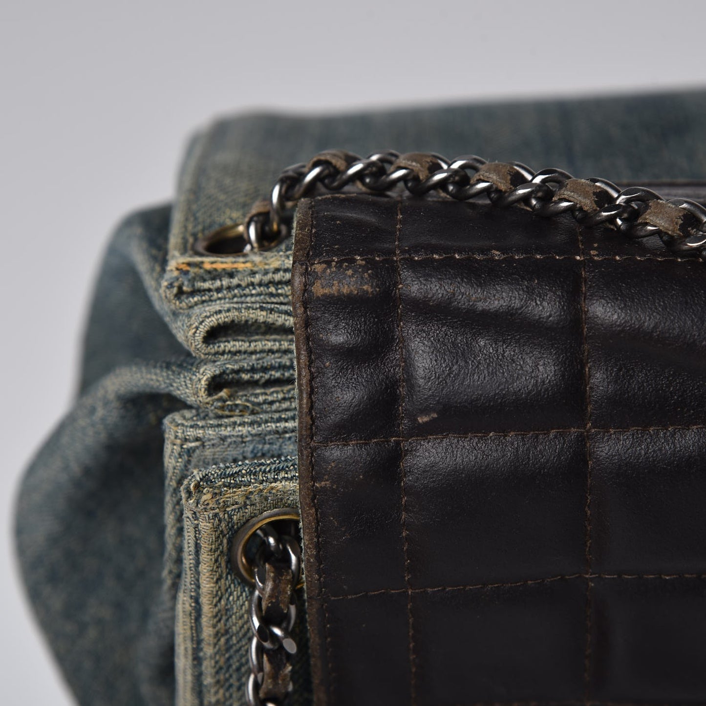 Denim Lambskin Chocolate Bar Accordion Flap Brown