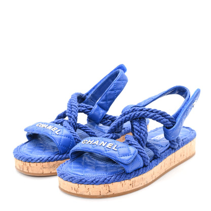 Chanel Cord Lambskin Quilted Logo Sandals 37 Blue 4 of 10