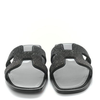 Hermes Suede Goatskin Crystal Oran Sandals 37 Black 2 of 9