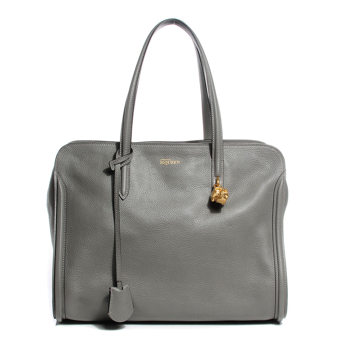 Pebbled Calfskin Skull Padlock Zip Around Tote Grey