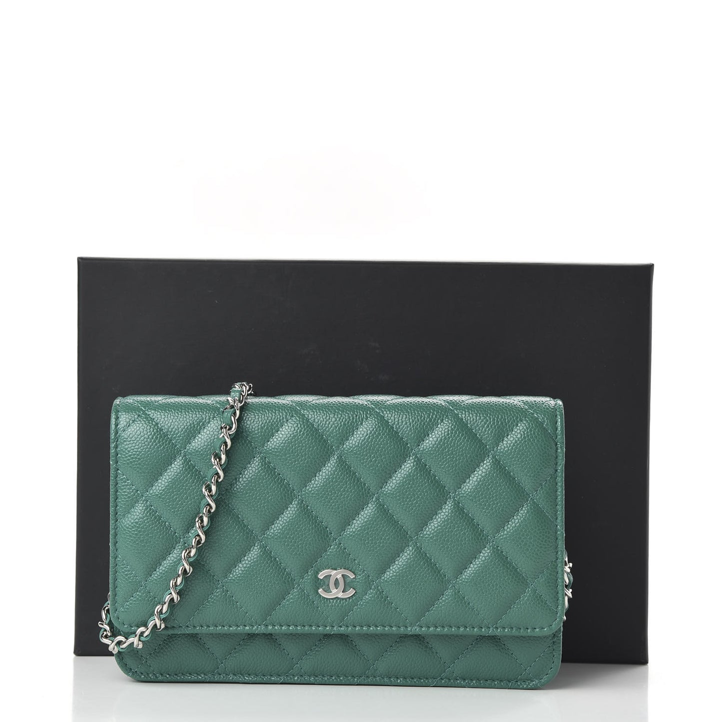 Iridescent Caviar Quilted Wallet On Chain WOC Green