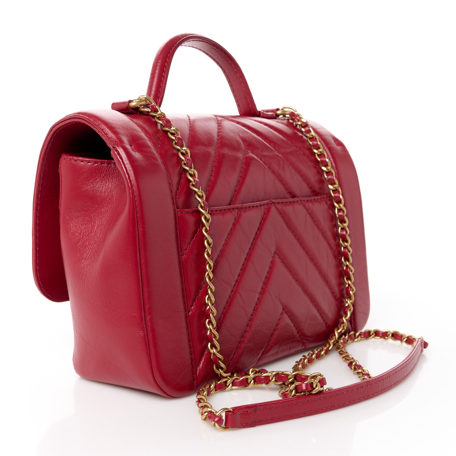 Chanel Calfskin Chevron Quilted Top Handle Flap Red 3 of 12