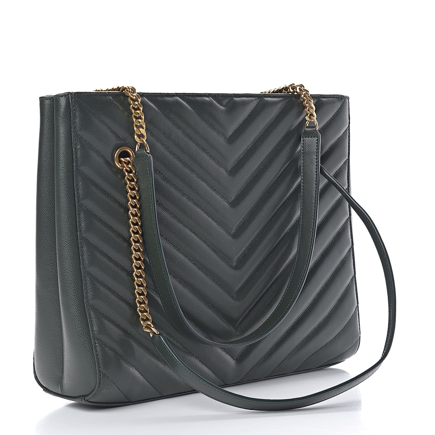 Saint Laurent Grain de Poudre Matelasse Chevron Medium Tribeca Shopping Bag Vert Fonce 3 of 13