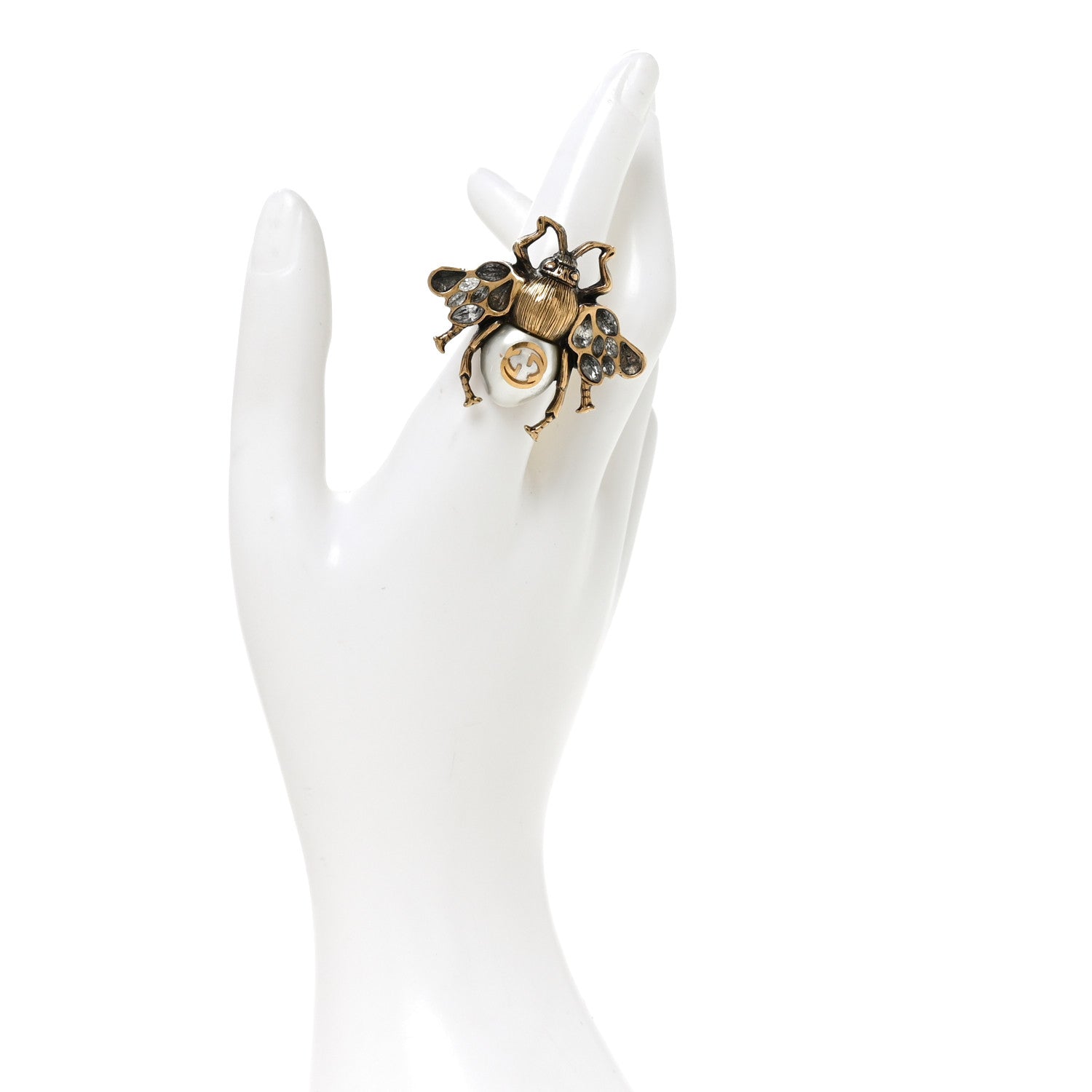 Gucci Metal Crystal Pearl Bee Multifinger Ring 56/7.5 M Aged Gold 2 of 5
