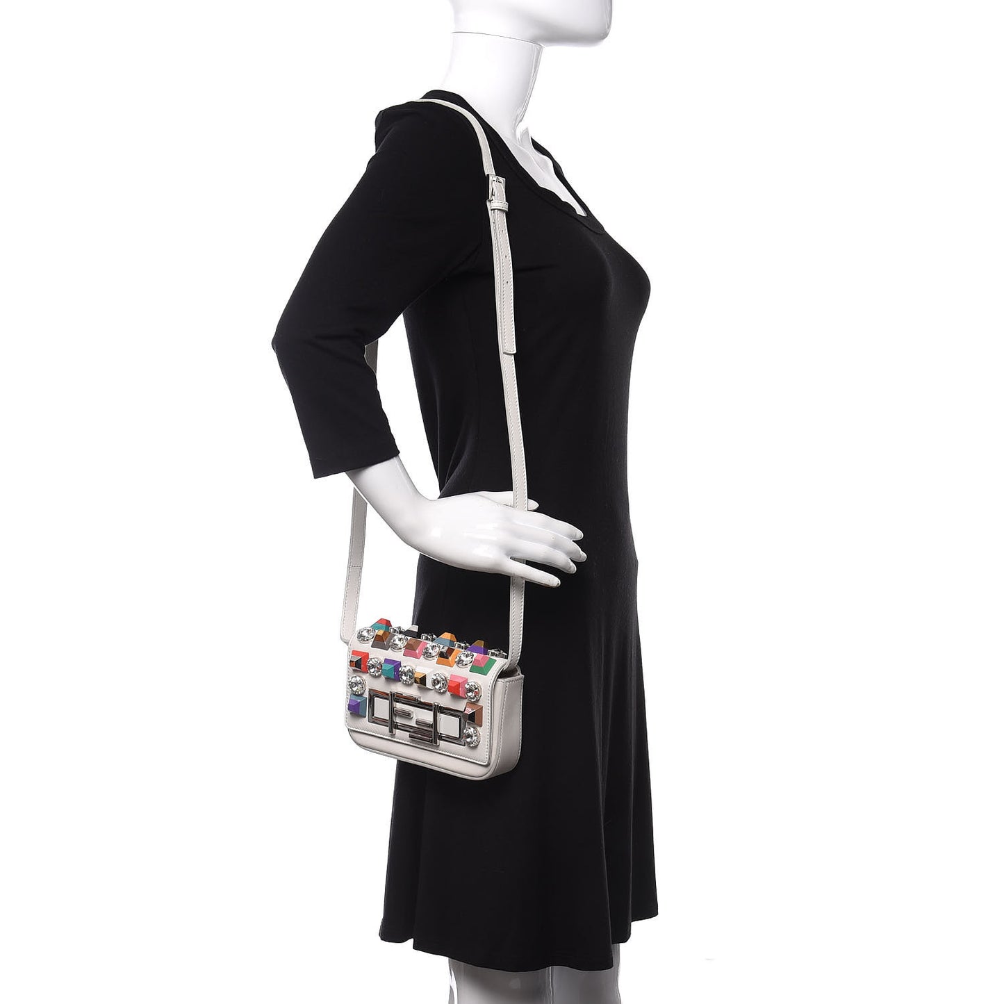 Vitello Dolce Calf Hair Studded Mini 3Baguette Shoulder Bag White
