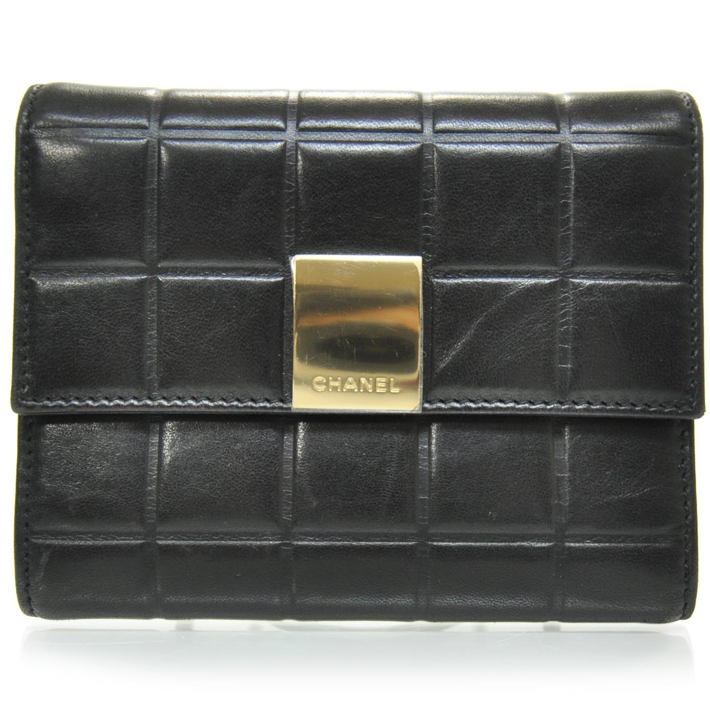 Leather Chocolate Bar Quilted Tri-Fold Wallet Black