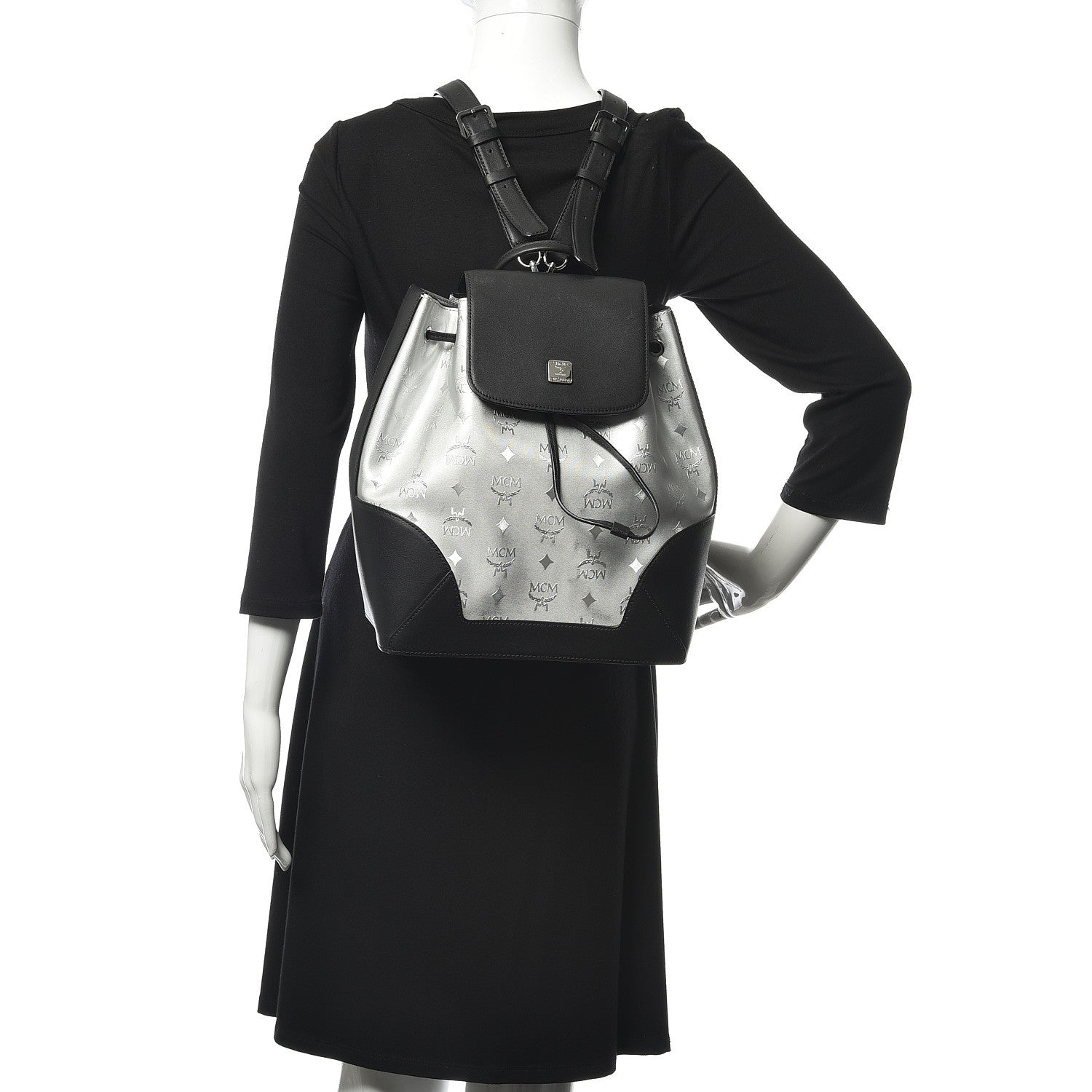 MCM Metallic Monogram Claudia Backpack Silver Black 2 of 9