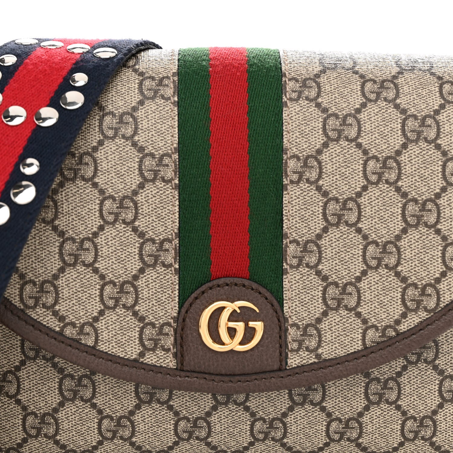 Gucci GG Supreme Monogram Textured Dollar Calfskin Web Studded Mini Ophidia Flap Shoulder Bag Beige Ebony New Acero 7 of 12