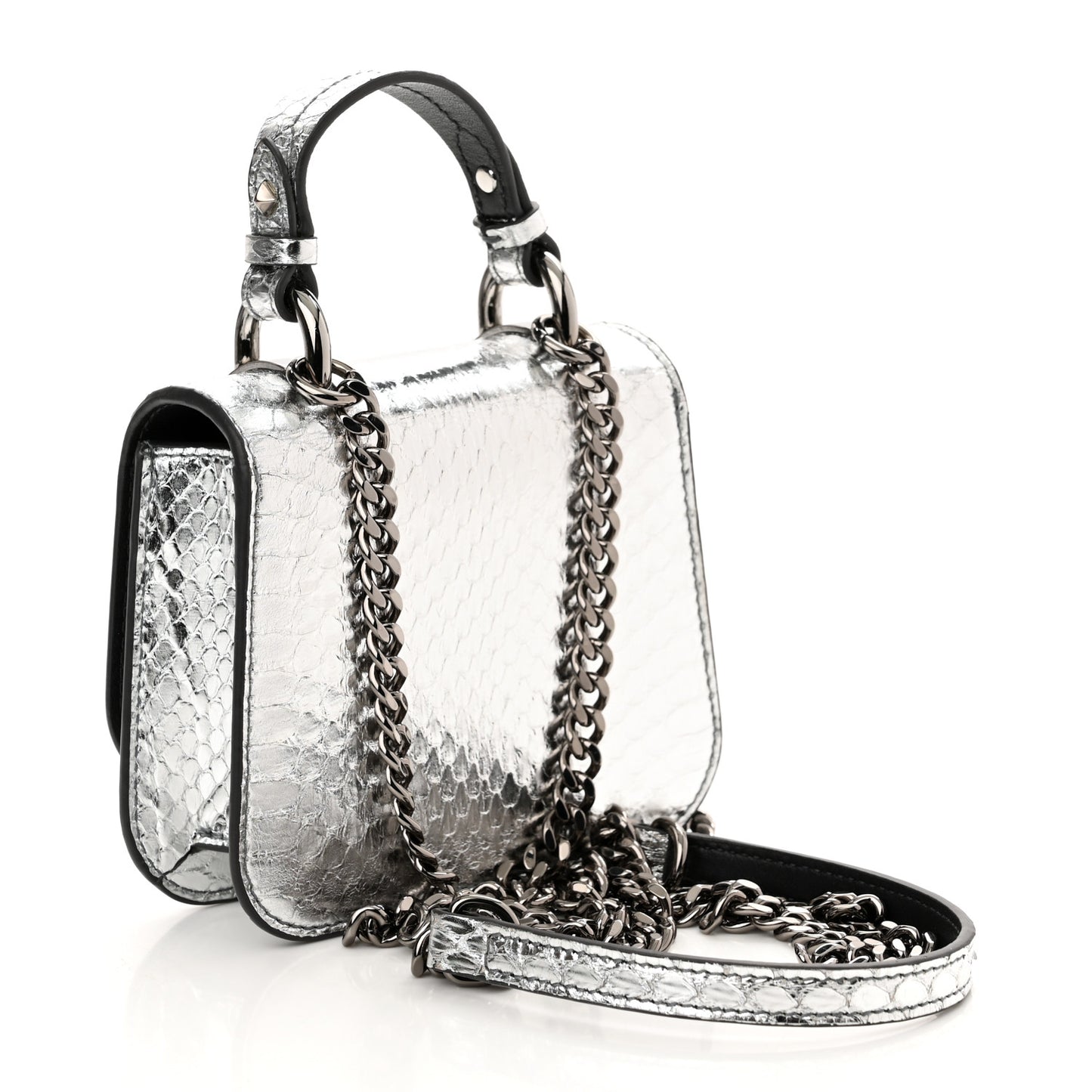 Metallic Calfskin Snakeskin Embossed Varenne Top Handle Satchel Silver