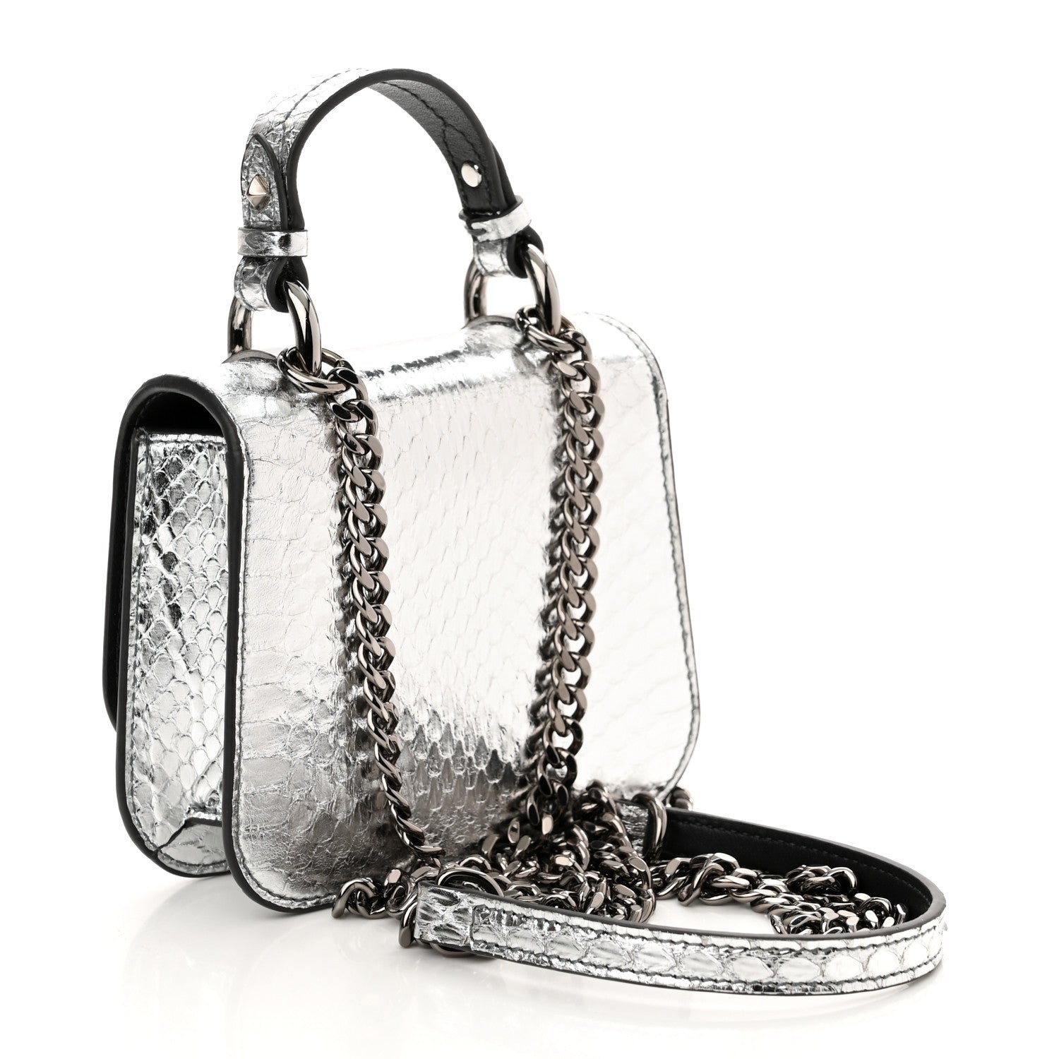 Jimmy Choo Metallic Calfskin Snakeskin Embossed Varenne Top Handle Satchel Silver 3 of 10