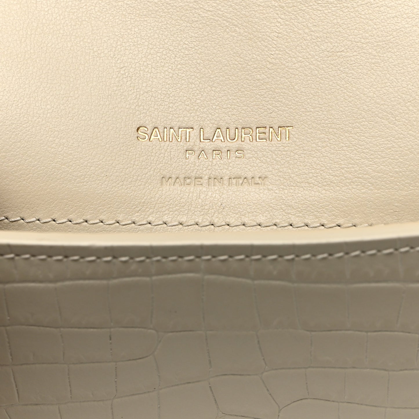 SAINT LAURENT Crocodile Embossed Monogram Phone Holder Crossbody Blanc Vintage