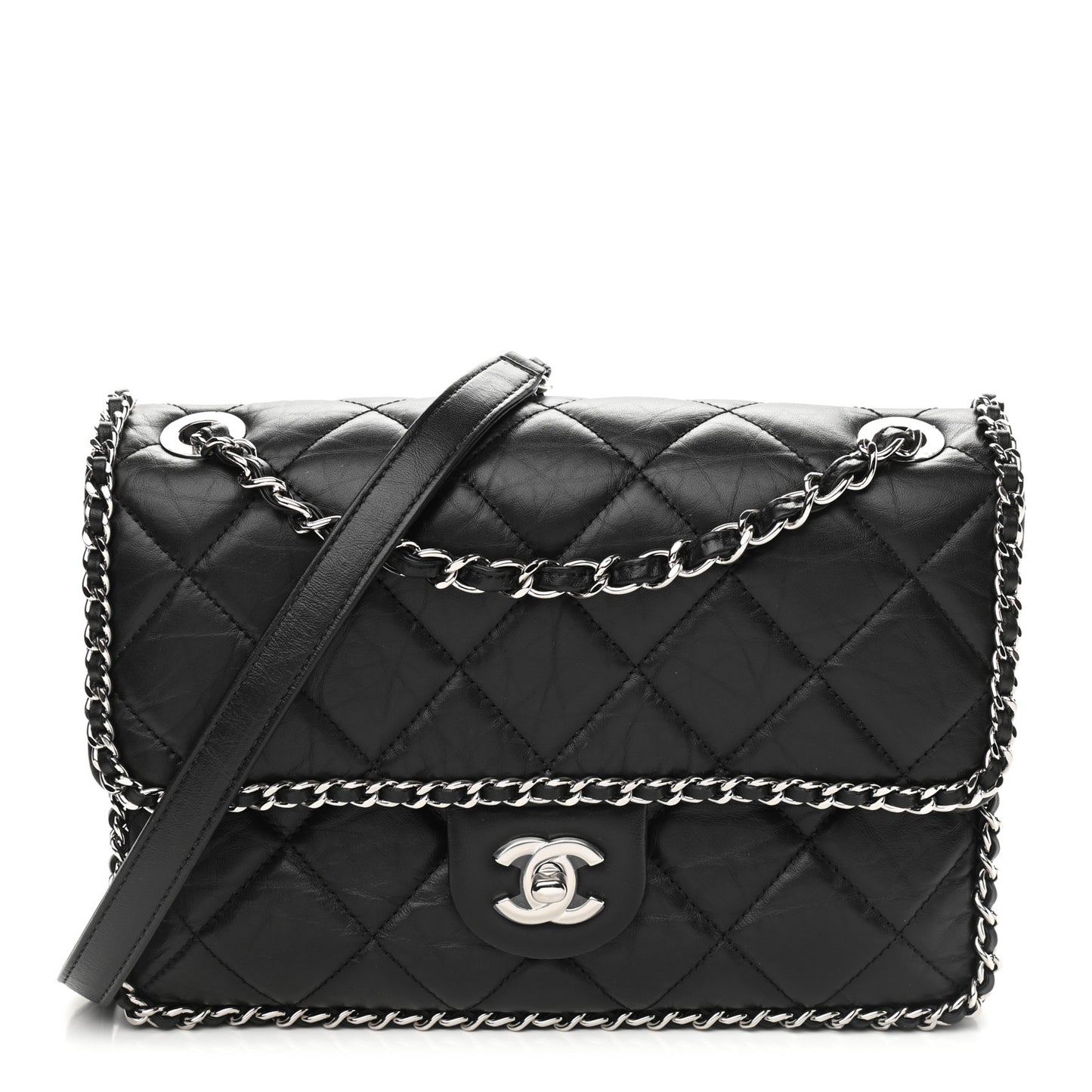 Crumpled Calfskin Medium Chain All Over Flap Black