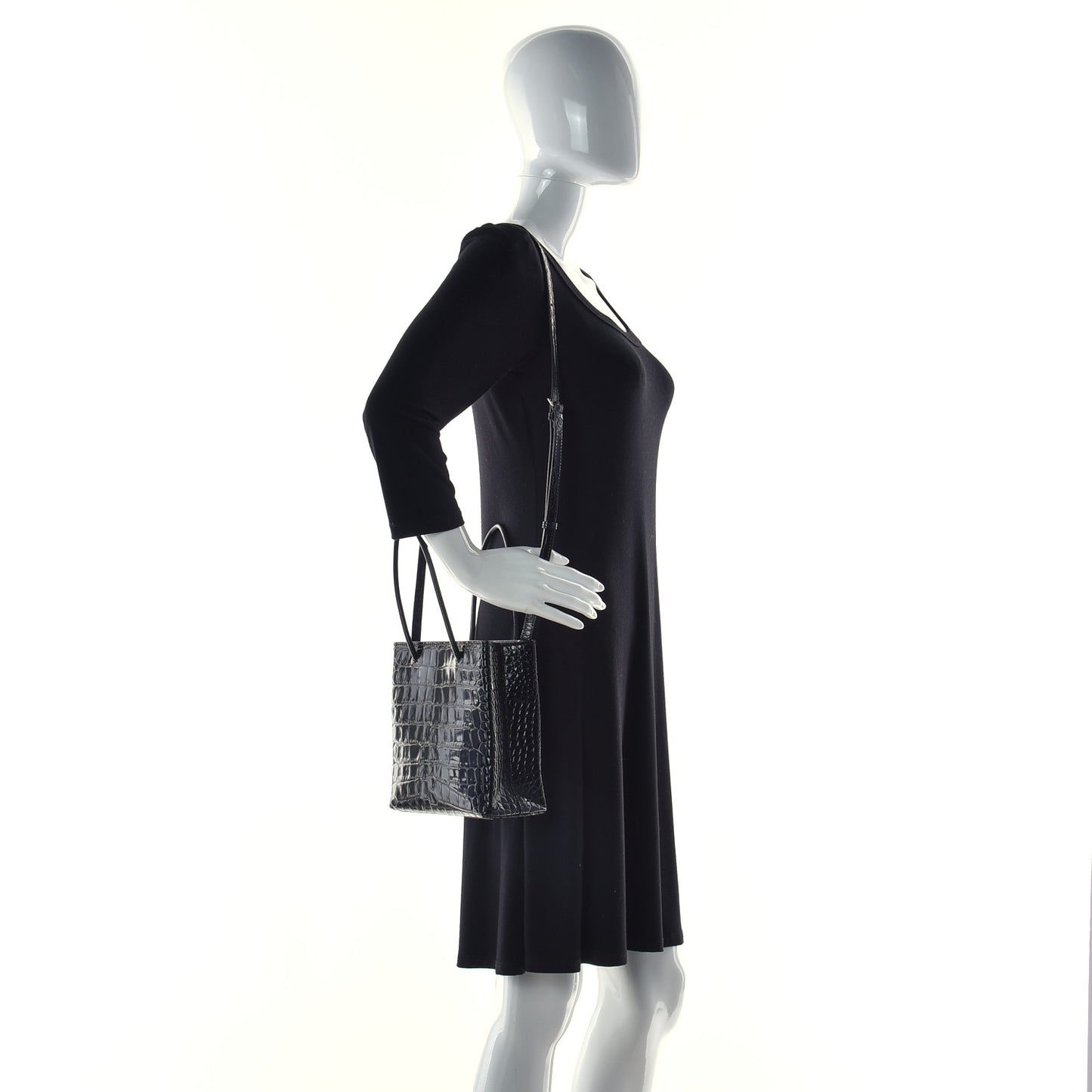 Shiny Calfskin Logo Crocodile Embossed North South Shopper Tote XXS Black White