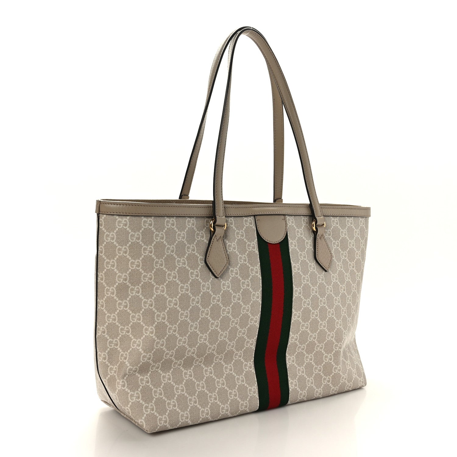 Gucci GG Supreme Monogram Textured Dollar Calfskin Web Medium Ophidia Shopping Tote Beige Mystic White Oatmeal 3 of 9