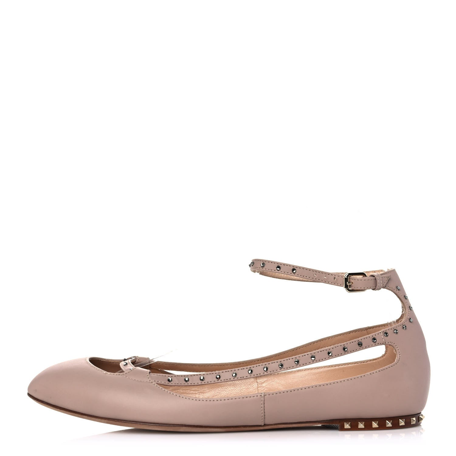 Valentino Garavani Calfskin Soul Rockstud Cut Out Ankle Strap Ballet Flats 37.5 Poudre 1 of 8