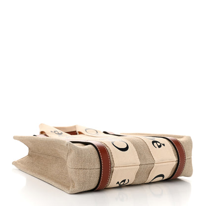 Chloe Linen Calfskin Small Woody Ribbon Tote With Strap White Brown 4 of 10