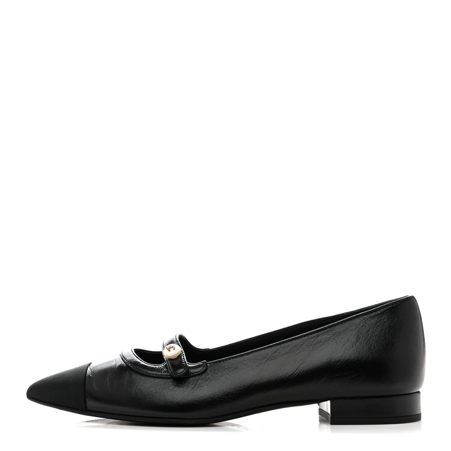 Shiny Lambskin Grosgrain Pearl Mary Jane Flats 37.5 Black