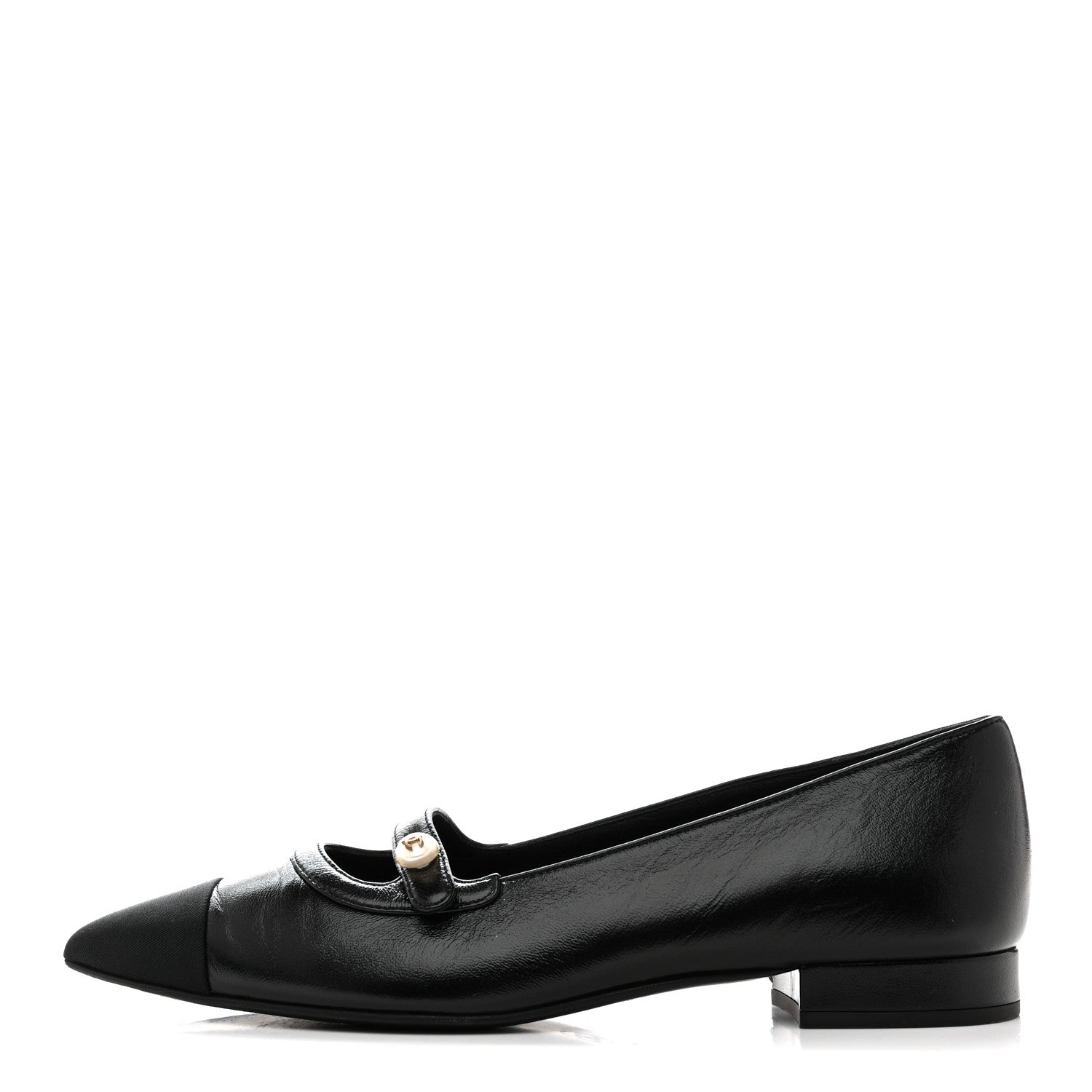 Chanel Shiny Lambskin Grosgrain Pearl Mary Jane Flats 37.5 Black 1 of 10