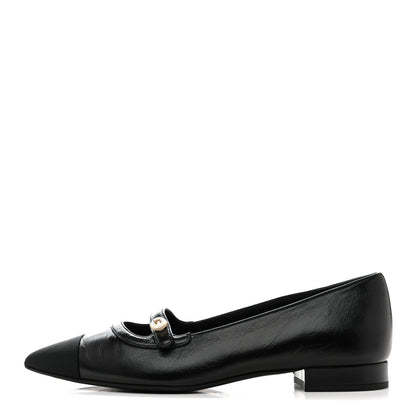 Chanel Shiny Lambskin Grosgrain Pearl Mary Jane Flats 37.5 Black 1 of 10
