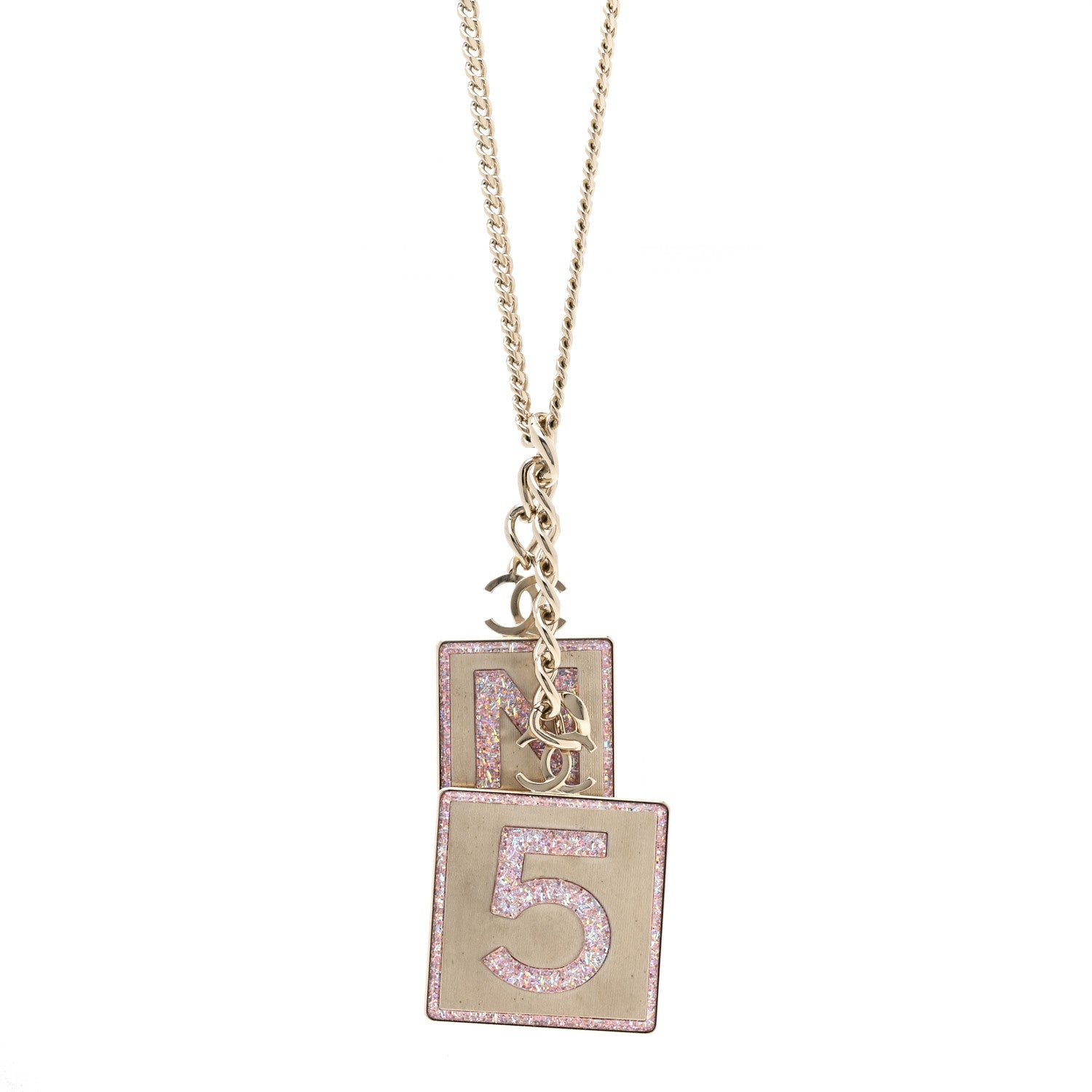 Chanel Resin Glitter Enamel Square CC Logo Charm Necklace Pink Gold 1 of 3