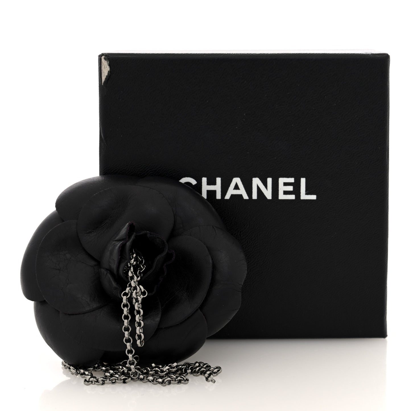 Calfskin Metal Camellia Brooch Black Silver