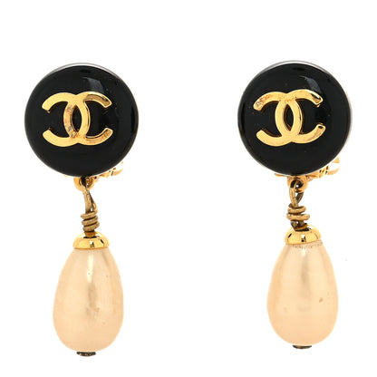 Chanel Resin Pearl CC Drop Clip On Earrings Gold Black White 1 of 4