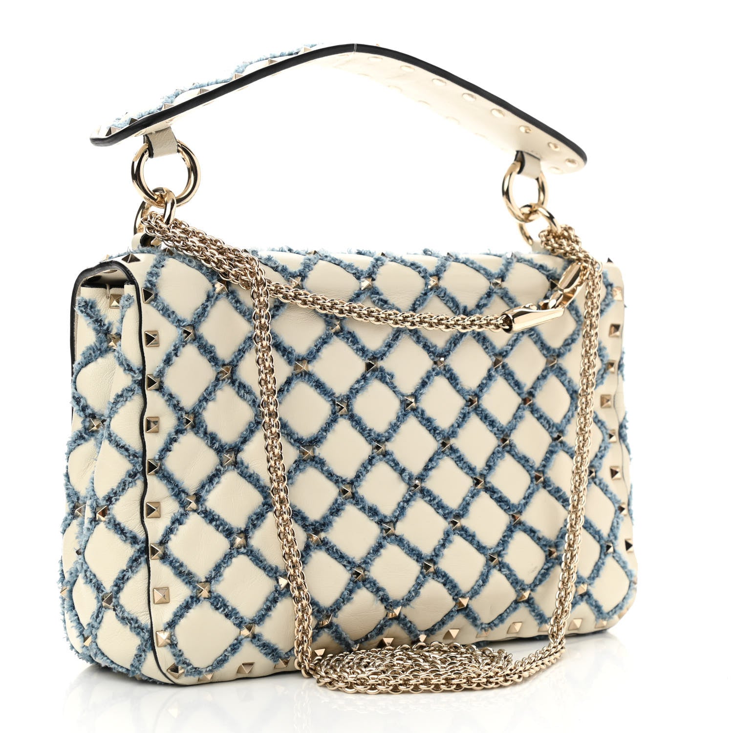 Valentino Garavani Nappa Denim Quilted Rockstud Medium Spike Shoulder Bag Ivory Blue 3 of 10