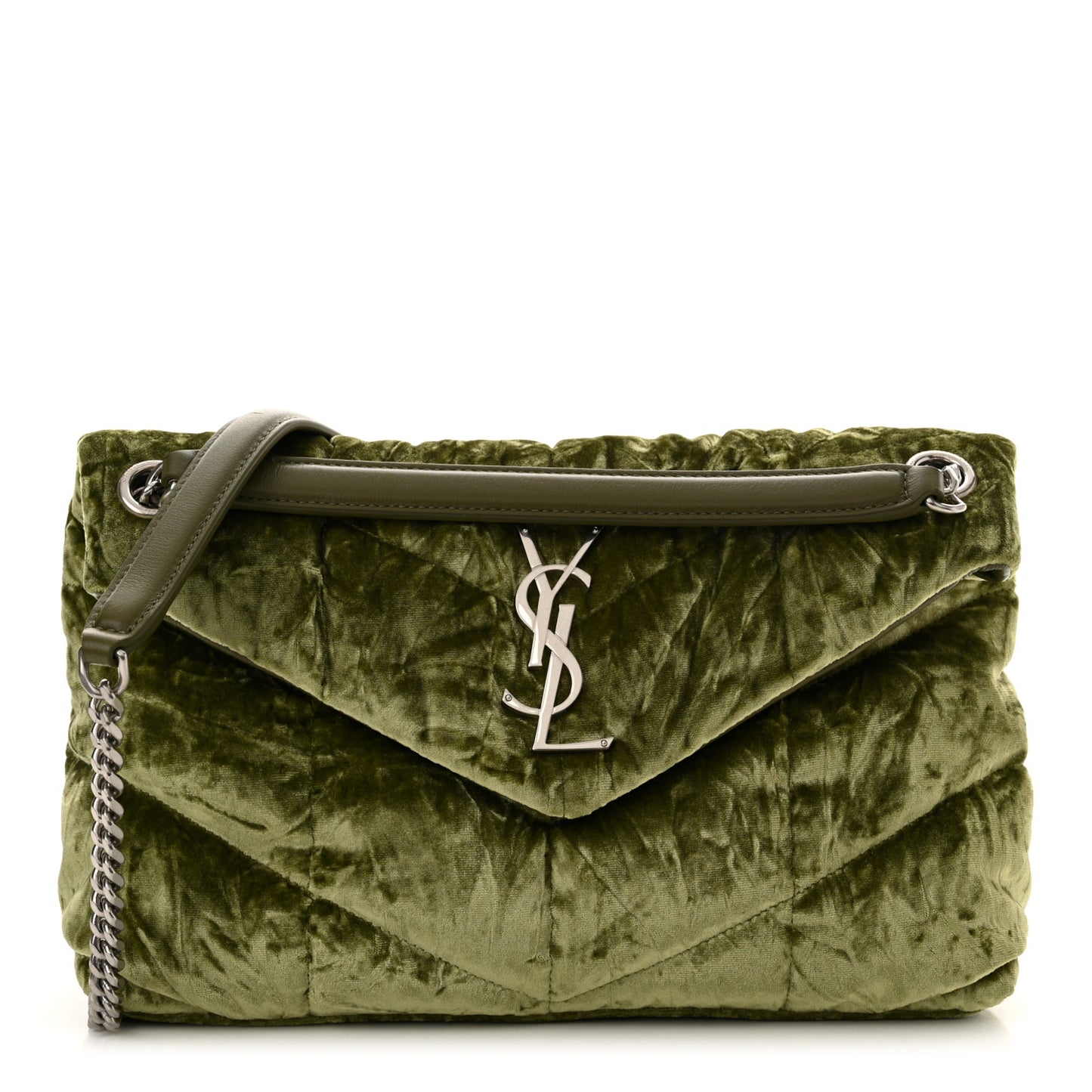 Crushed Velvet Quilted Small Loulou Puffer Monogram Chain Satchel Green