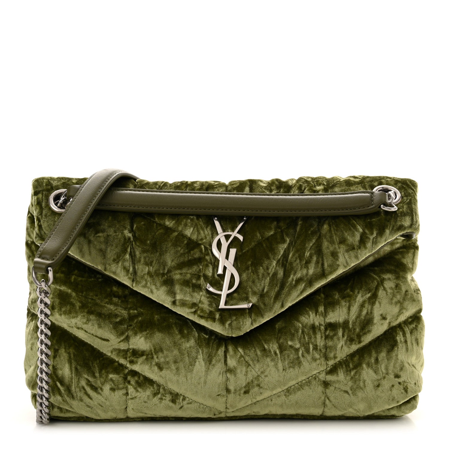 Saint Laurent Crushed Velvet Quilted Small Loulou Puffer Monogram Chain Satchel Green 1 of 11