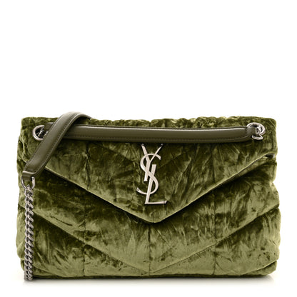 Saint Laurent Crushed Velvet Quilted Small Loulou Puffer Monogram Chain Satchel Green 1 of 11