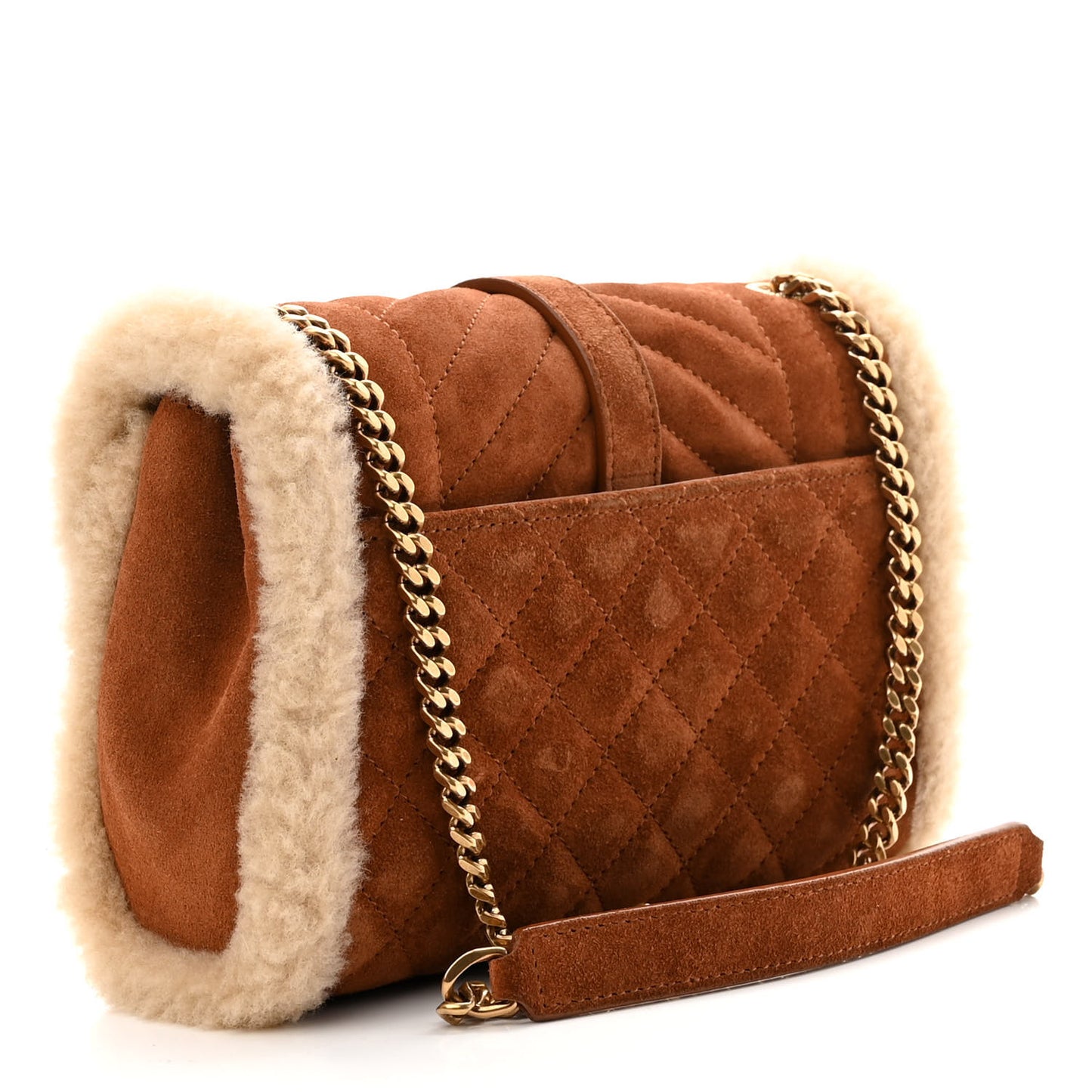 Nubuck Shearling Mixed Matelasse Triquilt Small Monogram Satchel Ivory Natural Tan