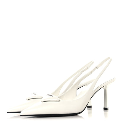 Prada Spazzolato Triangle Logo Pointed Toe 75mm Slingback Pumps 37 White 4 of 8