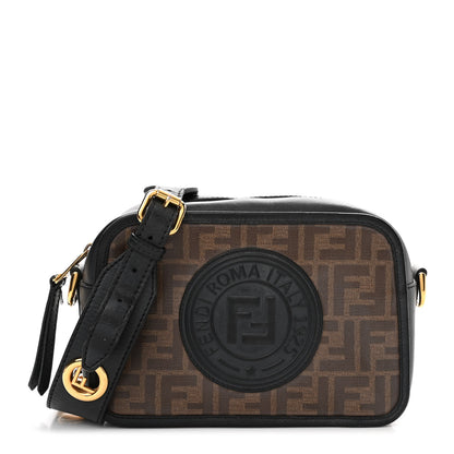 Fendi Glazed Fabric Vitello Century F is Fendi FF 1974 Stamp Patch Camera Case Mogano Panna Black 1 of 18