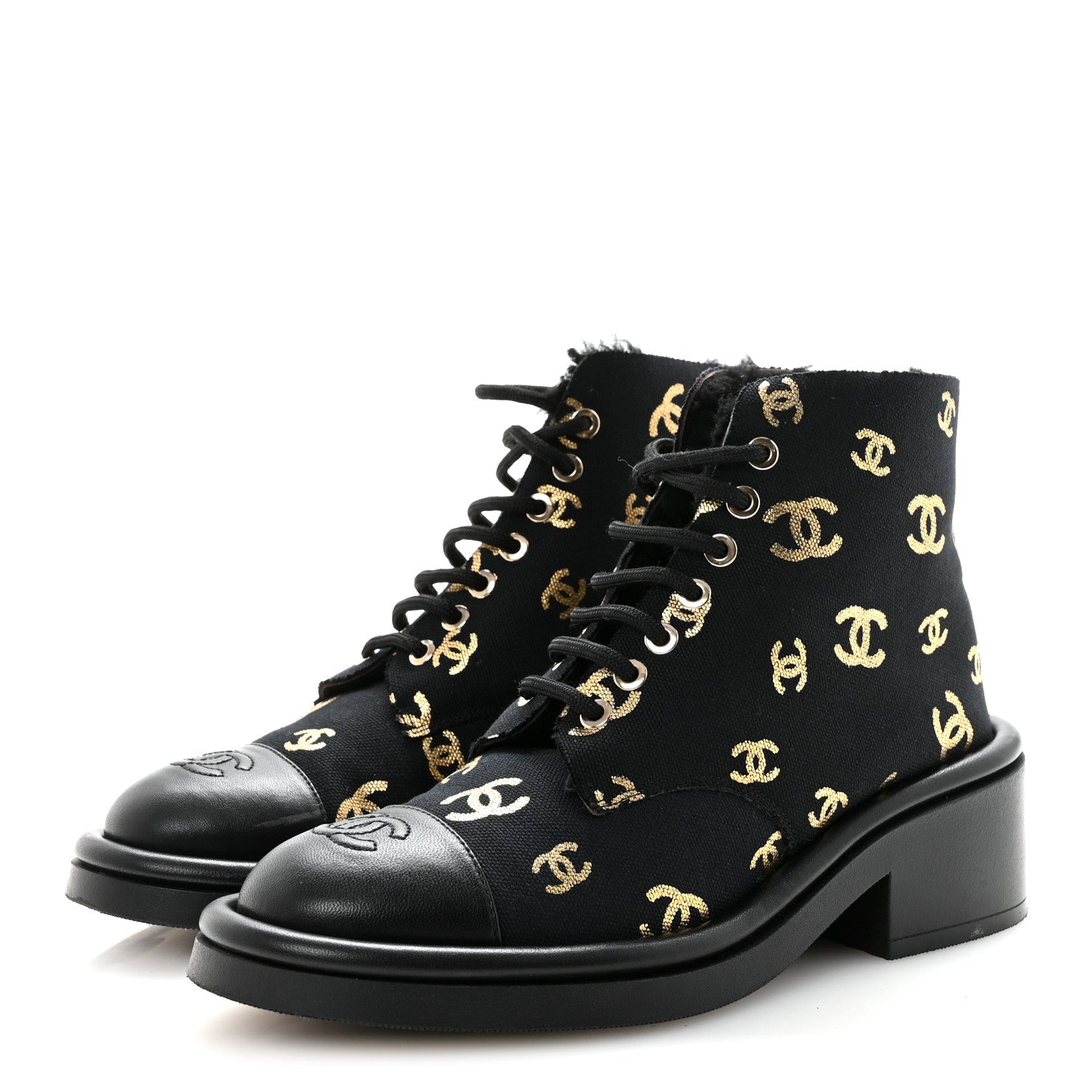 Chanel Lambskin Shearling Canvas CC Lace Up Boots 36.5 Black Gold 4 of 10