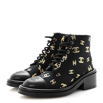 Chanel Lambskin Shearling Canvas CC Lace Up Boots 36.5 Black Gold 4 of 10