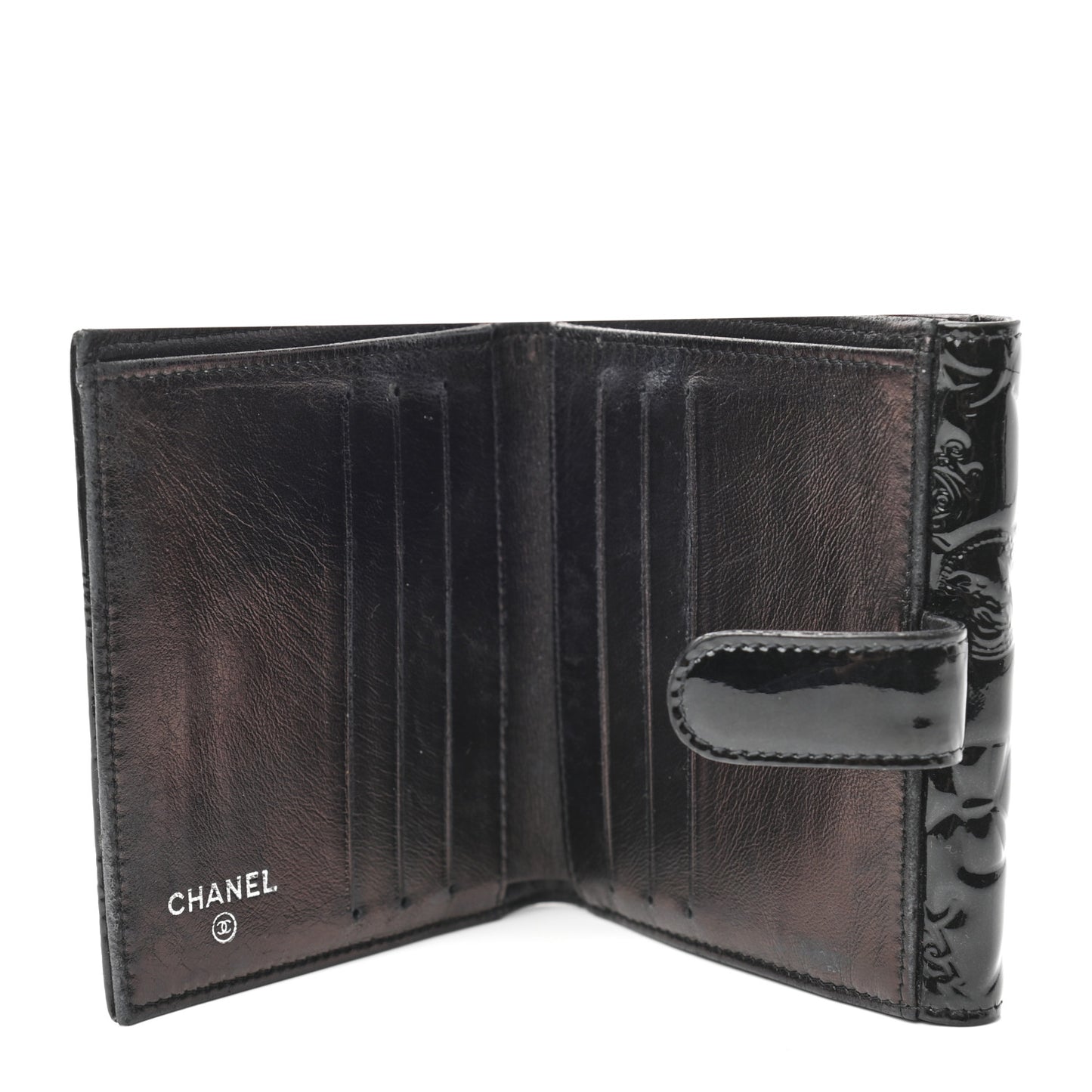 Patent Calfskin Lucky Symbols Compact French Flap Wallet Black