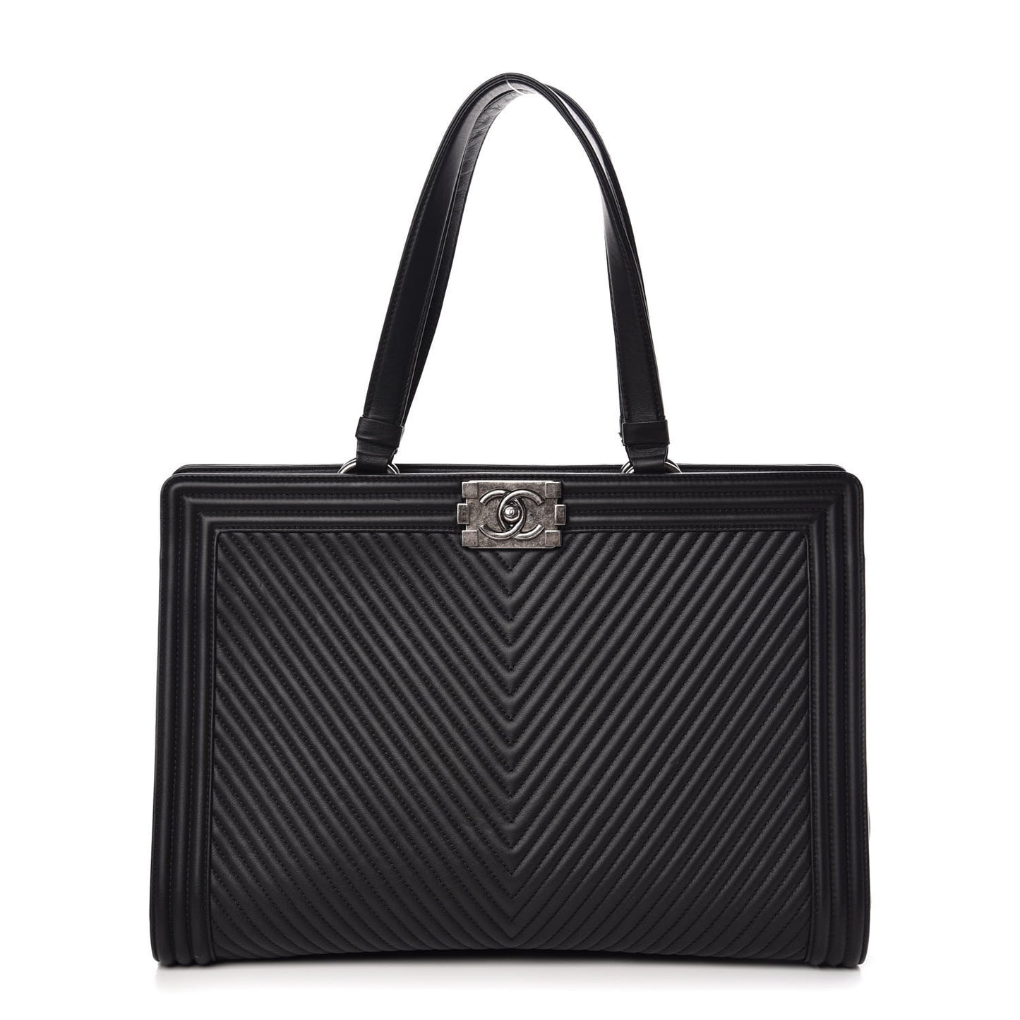 Calfskin Chevron Quilted Boy Shopping Tote Black