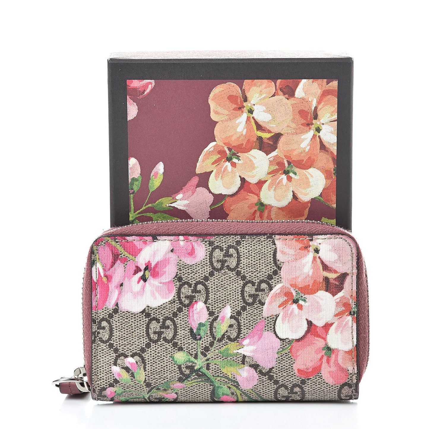 GG Supreme Monogram Blooms Zip Around Card Case Wallet Beige Multicolor Dry Rose