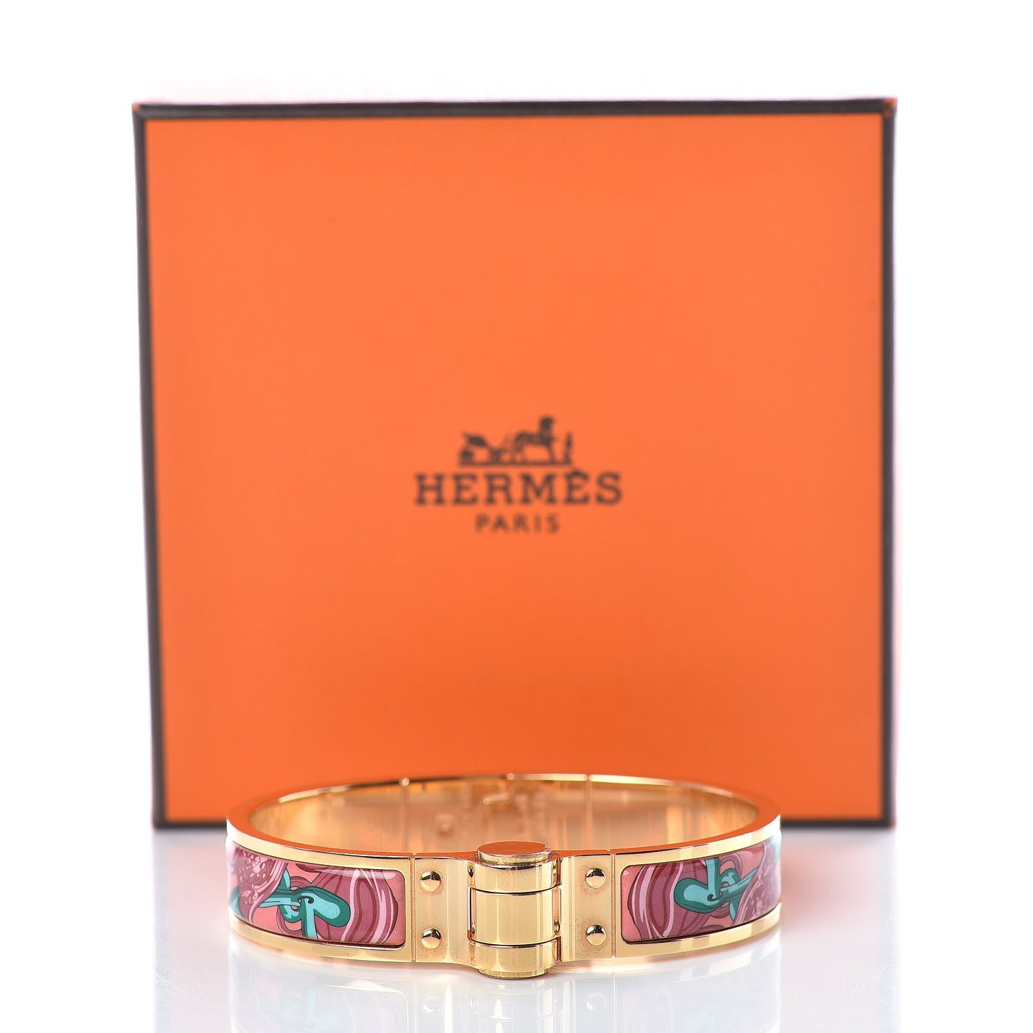 Hermes Enamel Printed Narrow Charniere Brides De Gala Hinged Bracelet S Rose Couture 5 of 5