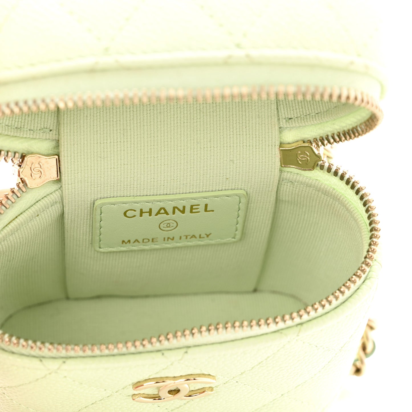 Caviar Quilted Small Handle With Care Vanity Case With Chain Light Green
